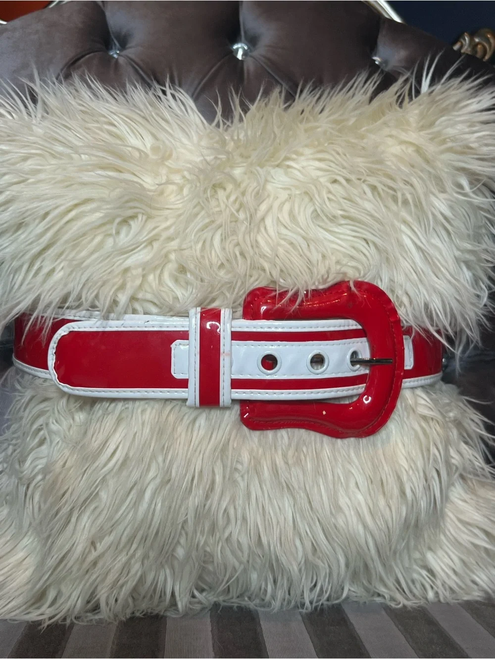 🚨 Bold Red & White Patent Contrast Statement Belt with Oversized Buckle 🎁